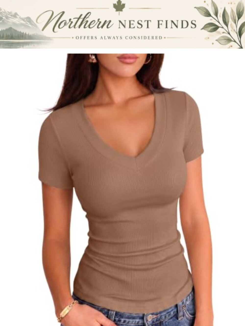 Women Ribbed Knit V Neck Short Sleeve Slim Fit Top Tee